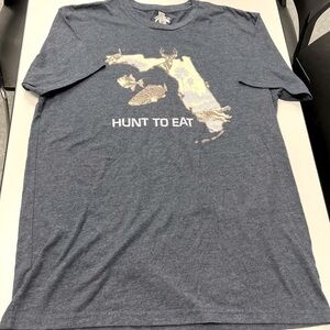 Hunt To Eat Deer Fish Turkey Gator Florida Graphic T-Shirt Blue Mens Large NWOT